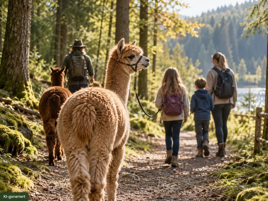 Eine Frau mit zwei Kindern macht einen Spaziergang durch den Wildpark mit zwei Alpakas. Ein Wildpark-Ranger begleitet die Gruppe.