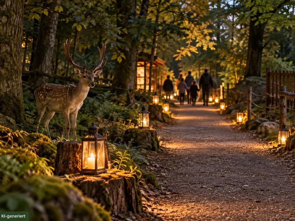 Laternen und gedeckte Tafel bei einer abendlichen Veranstaltung im Wald
