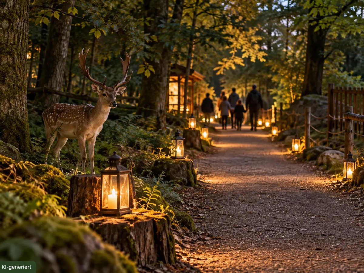 Laternen und gedeckte Tafel bei einer abendlichen Veranstaltung im Wald