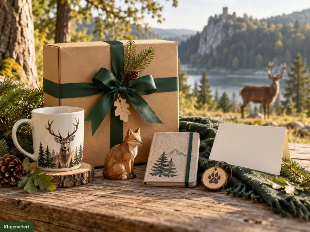 Auf einem Holztisch wird ein Geschenk-Set präsentiert: Eine Tasse mit einem Hirschmotiv auf einer Baumscheibe als Untersetzer, ein geschnitzer Fuchs, ein kleines Notizbuch in Leinenoptik, ein Schlüsselanhänger aus Holz mit einer eingebrannten Tatze. Ein nachhaltig eingepacktes Geschenk mit grüner Schleife rundet das Bild ab.