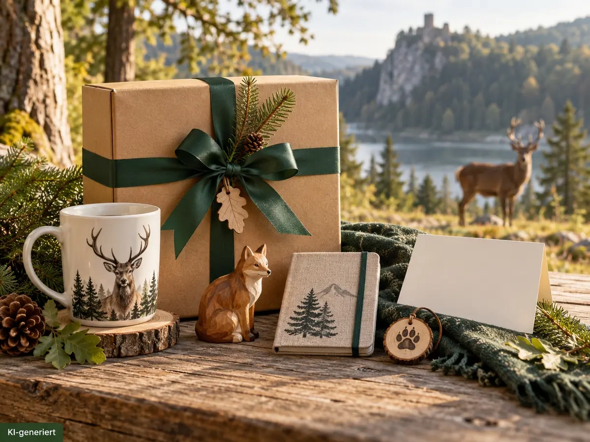 Auf einem Holztisch wird ein Geschenk-Set präsentiert: Eine Tasse mit einem Hirschmotiv auf einer Baumscheibe als Untersetzer, ein geschnitzer Fuchs, ein kleines Notizbuch in Leinenoptik, ein Schlüsselanhänger aus Holz mit einer eingebrannten Tatze. Ein nachhaltig eingepacktes Geschenk mit grüner Schleife rundet das Bild ab.