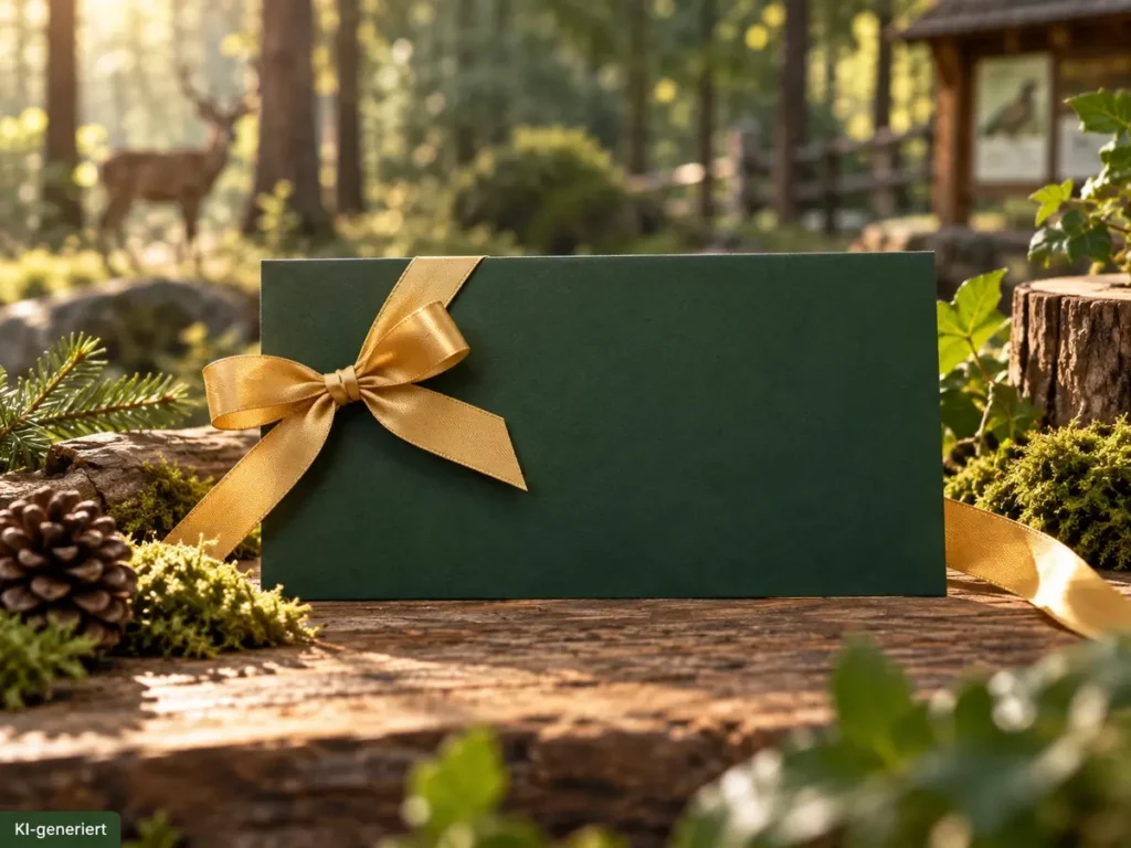 Auf einem Holztisch im Wald ist ein grüner Umschlag mit einer goldgelben Schleife, in dem sich ein Gutschein befindet.