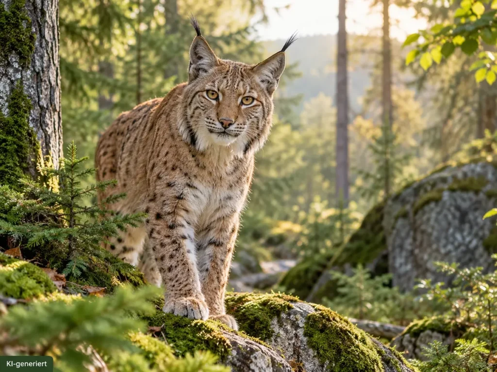 Luchs auf einem Baumstamm in einem grünen Waldgehege