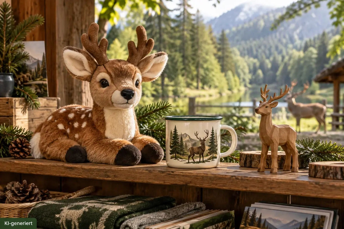 Auf einem Holzbrett wird ein Reh-Kuscheltier, ein Emaille-Becher und ein geschnitzter Hirsch präsentiert. Im Hintergrund sind ein Nadelwald und ein See zu sehen.