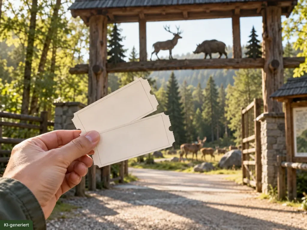 Hirsche und Wildschweine hinter einem hölzernen Aussichtstor. Im Vordergrund ist eine Hand mit zwei Tickets zu sehen.